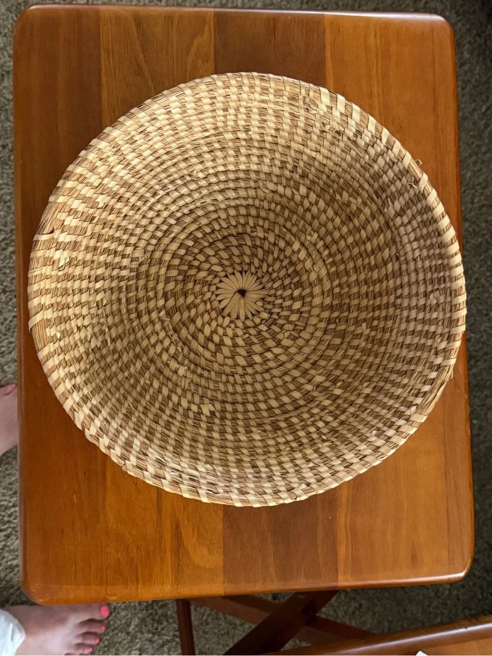 Vintage Handwoven Straw Basket Coiled Shallow Bowl Boho Decor